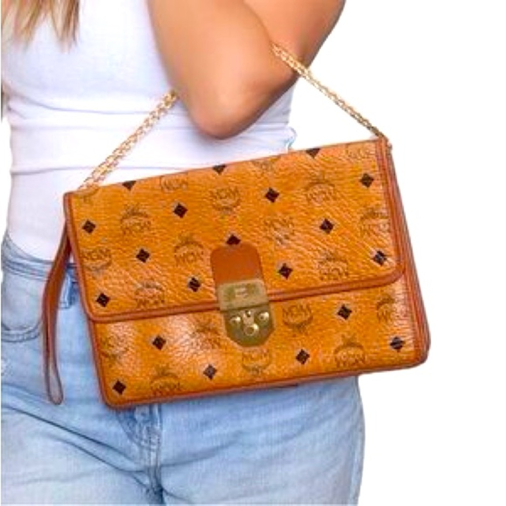 Authentic MCM Visetos Leather Vintage Clutch Hand Bag/Shoulder Bag Purse Brown